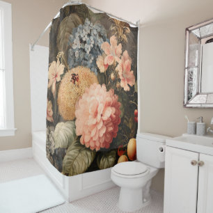 Vintage Floral Still Life with Red and White Bloom Shower Curtain