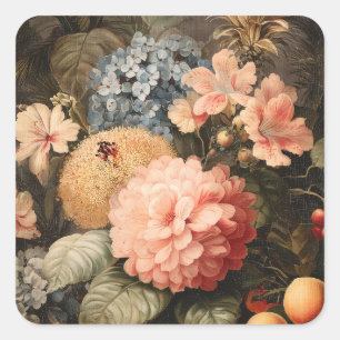 Vintage Floral Still Life with Red and White Bloom Square Sticker