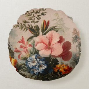 Vintage floral still life with tropical flowers round cushion