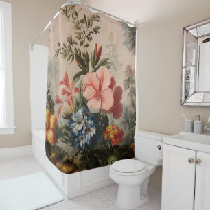 Vintage floral still life with tropical flowers shower curtain
