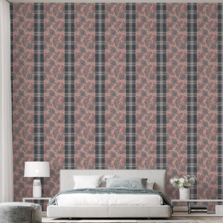 Vintage Floral Stripe & Charcoal Plaid Wallpaper