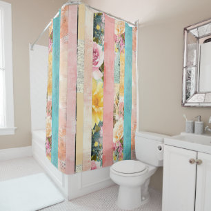 Vintage Floral Stripe Collage in Pastels Shower Curtain