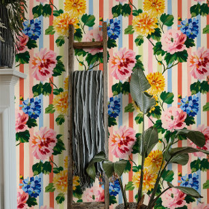Vintage Floral Stripe Garden Pattern Wallpaper