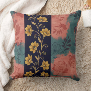 Vintage Floral Stripe with Golden Botanical Accent Cushion
