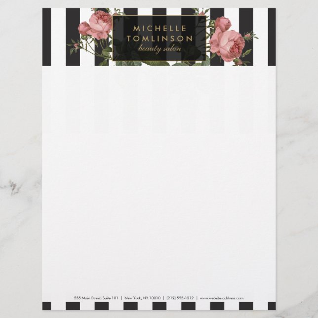 Vintage Floral Striped Salon Letterhead Template (Front)