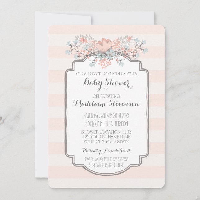 Vintage Floral Stripes Baby Shower Invitations (Back)