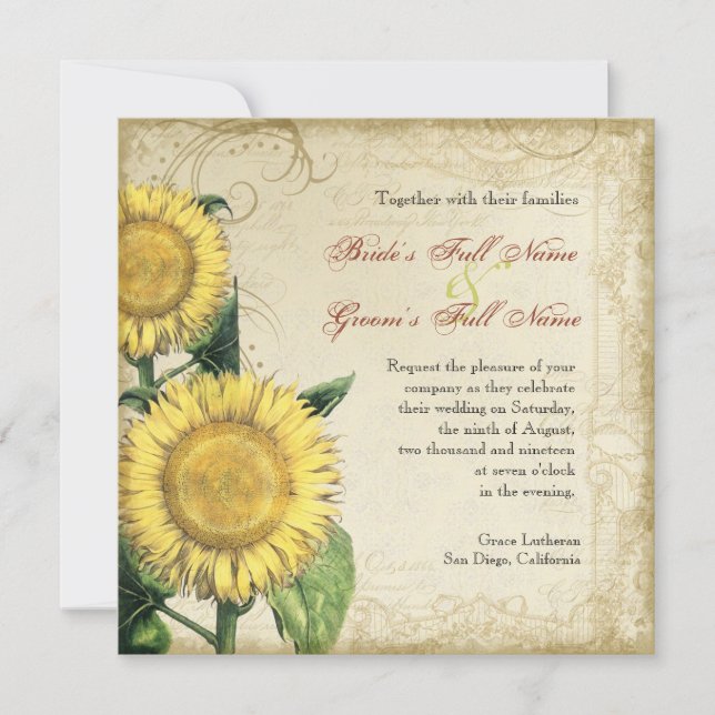 Vintage Floral Sunflowers - Autumn Fall Wedding Invitation (Front)