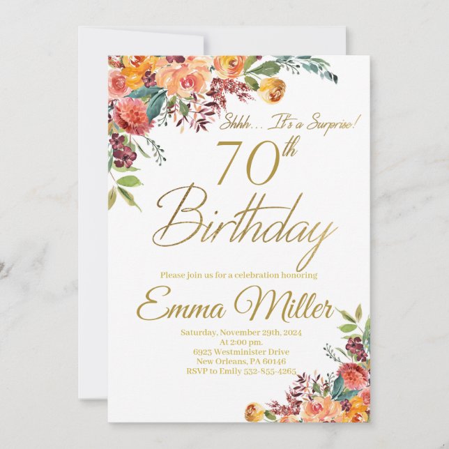 Vintage Floral Surprise 70th Birthday Party Invitation (Front)