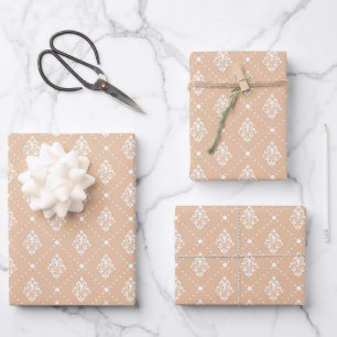 Vintage floral tan white damask rhomboid pattern wrapping paper sheet