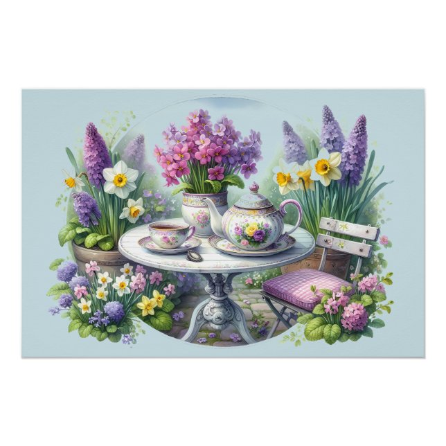 Vintage Floral Tea Party in Garden Poster (Front)