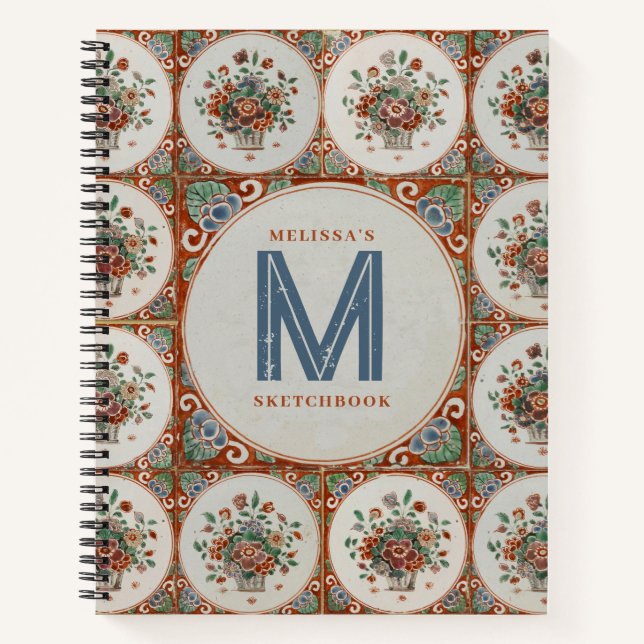 Vintage Floral Terracotta Tile Monogram Sketchbook Notebook (Front)