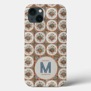 Vintage Floral Terracotta Tiles Monogram iPhone 13 Case