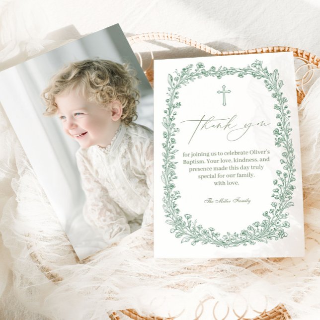 Vintage Floral Toile Baptism Thank You Card (Creator Uploaded)