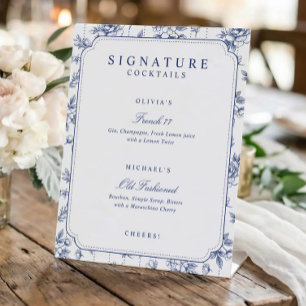 Vintage Floral Toile Navy Signature Drinks Wedding Pedestal Sign