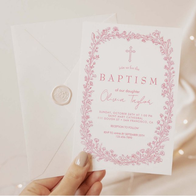 Vintage Floral Toile Pink Baptism Invitation (Creator Uploaded)