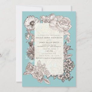 Vintage Floral Turquoise Blue Modern Wedding Invitation
