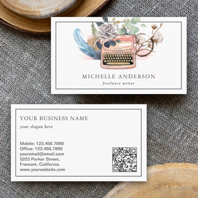 Vintage Floral Typewriter QR Code Writer Author Business Card (Creator Uploaded)