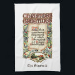 Vintage Floral Typography Christmas Greetings Poem Tea Towel<br><div class="desc">Christmas Greetings poem richly embellished colourful vintage typography on antique scroll bordered by elegant holly and a rustic vignette with editable text field.</div>