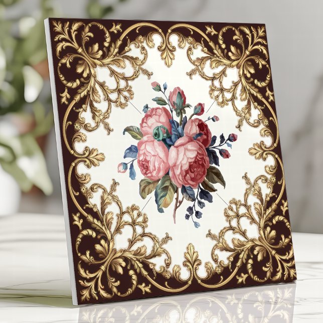 Vintage Floral Victorian Rose Damask Brown Gold Ceramic Tile (Creator Uploaded)