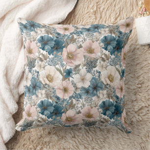 Vintage Floral Watercolor Blue Pink Cushion