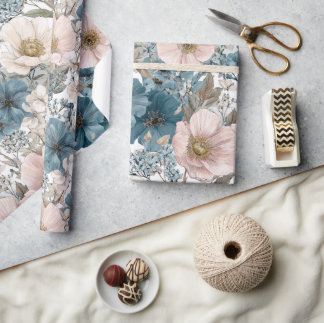 Vintage Floral Watercolor Blue Pink Wrapping Paper