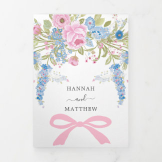 Vintage Floral Watercolor Pink Blue Wedding Tri-Fold Invitation