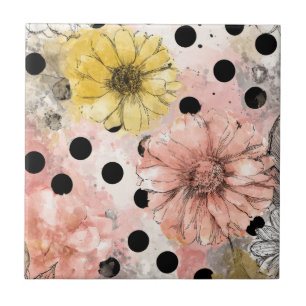 Vintage Floral Watercolor Polka Dot Art (4) Ceramic Tile
