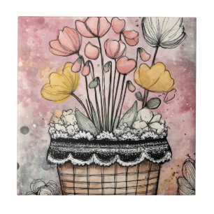Vintage Floral Watercolor Polka Dot Art (7) Ceramic Tile