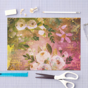 Vintage floral watercolor script, pink ombre gold tissue paper