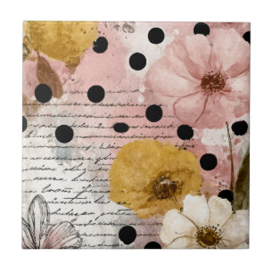 Vintage Floral Watercolor Script Polka Dot Art (2) Ceramic Tile