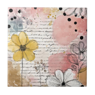 Vintage Floral Watercolor Script Polka Dot Art (4) Ceramic Tile