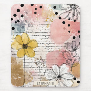 Vintage Floral Watercolor Script Polka Dot Art (4) Mouse Pad