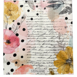 Vintage Floral Watercolor Script Polka Dot Art (4) Shower Curtain