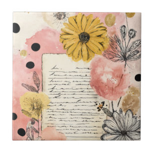 Vintage Floral Watercolor Script Polka Dot Art (6) Ceramic Tile
