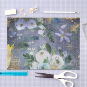 Vintage floral watercolor script, steel blue gold tissue paper