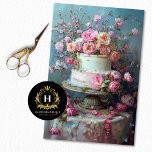Vintage Floral Wedding Cake Food Bakery Decoupage Tissue Paper<br><div class="desc">The image features a two-tiered cake adorned with a smooth white and pastel pink frosting, lavishly decorated with an array of pink and peach roses and delicate blossoms. The flowers cascade gracefully over the cake and onto a vintage-style pedestal, set against a textured teal background. The lush floral arrangement creates...</div>