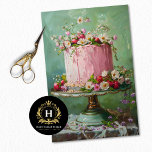Vintage Floral Wedding Cake Food Bakery Decoupage Tissue Paper<br><div class="desc">The image features a beautifully decorated cake with smooth pink frosting, adorned with an assortment of fresh flowers and strawberries. The floral arrangement includes delicate white and pink blossoms, enhancing the cake's romantic and elegant appearance. Set on a vintage-style pedestal with a textured teal background, the scene exudes charm and...</div>