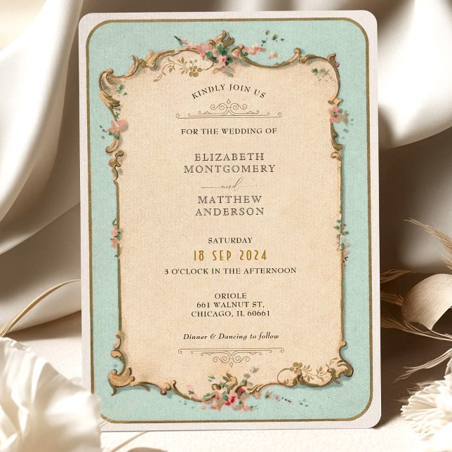 Vintage Floral Wedding Invitation with Mint Accent (Creator Uploaded)