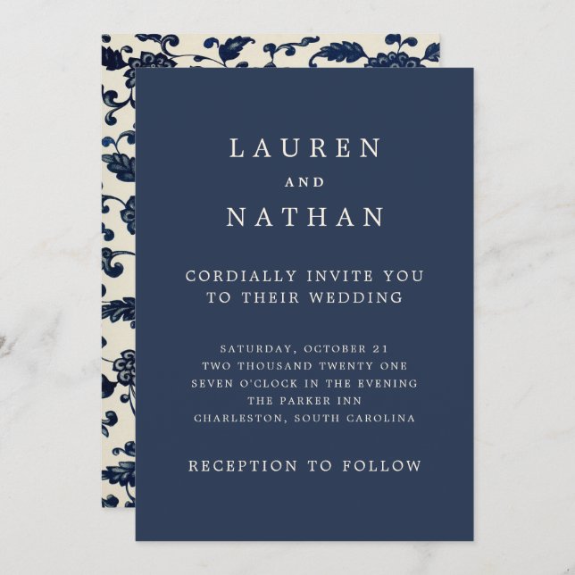 Vintage Floral Wedding | Navy and Cream Invitation (Front/Back)