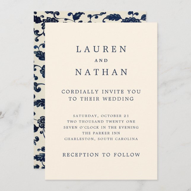 Vintage Floral Wedding | Navy and Cream Invitation (Front/Back)