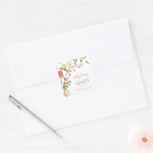 Vintage Floral Wedding Square Sticker (Envelope)