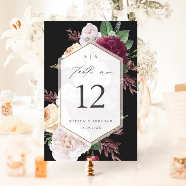Vintage Floral Wedding Table Number (Vintage Floral Bouquet Black  Wedding Table Number Cards.)