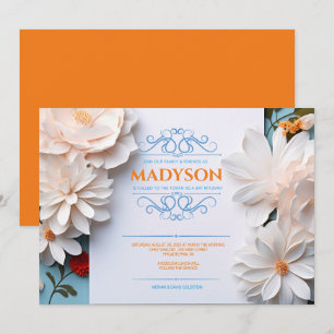 Vintage Floral White Flowers Flourish Bat Mitzvah Invitation