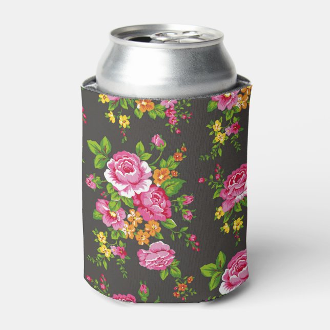 Vintage Floral with Pink Roses Can Cooler (Can Front)