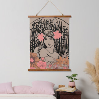 Vintage Floral Woman Hanging Tapestry