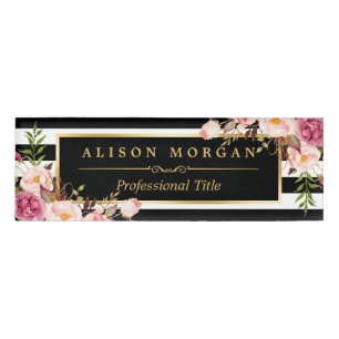Vintage Floral Wrapping Gold Black White Stripes Name Tag