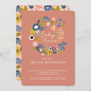 Vintage Floral Wreath Birdcage Mum & Baby Bird Invitation