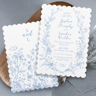 Vintage Floral Wreath Dusty Blue Scalloped Wedding Invitation