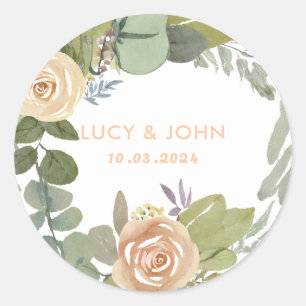 Vintage Floral Wreath Wedding Favour Classic Round Sticker