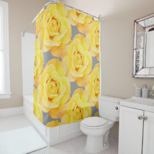 Vintage Floral Yellow Orange Rose Flower Art Grey Shower Curtain